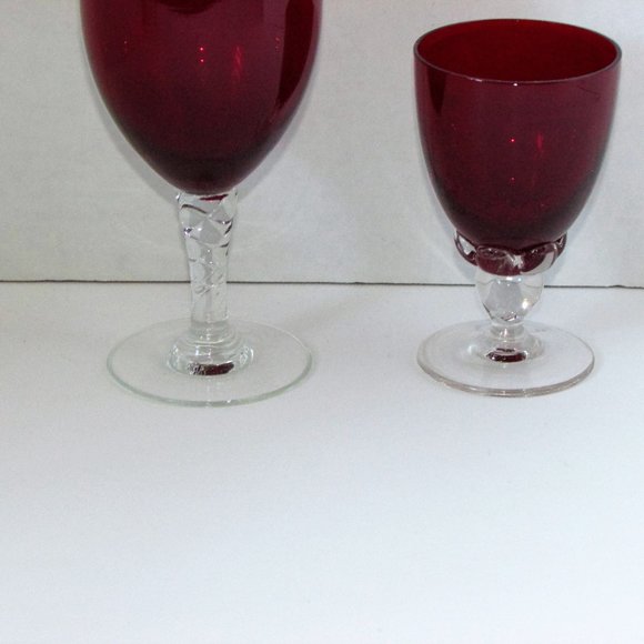 2 Different Vintage Ruby Red Goblets Clear Fancy Stem Small Elegant Wine Glasses - Picture 4 of 5